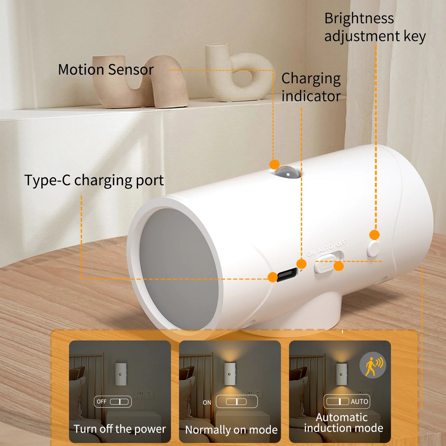 Smart LED Night Light USB Charging Sensor Wall Light Warm Three-Stage Adjustment Suitable for Wardrobe Bedroom Bathroom Stairs