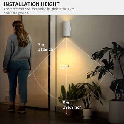 Smart LED Night Light USB Charging Sensor Wall Light Warm Three-Stage Adjustment Suitable for Wardrobe Bedroom Bathroom Stairs