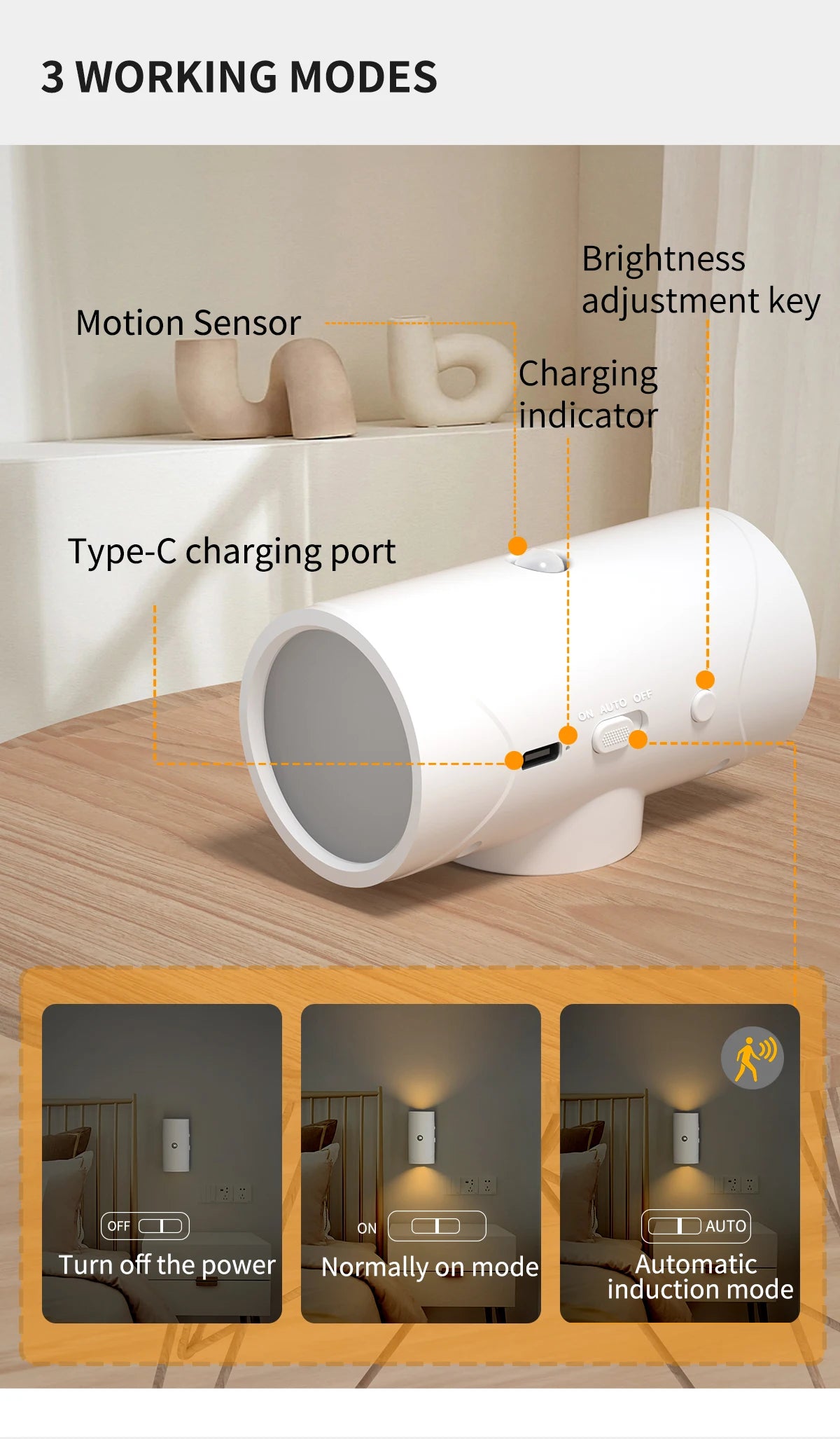 Smart LED Night Light USB Charging Sensor Wall Light Warm Three-Stage Adjustment Suitable for Wardrobe Bedroom Bathroom Stairs