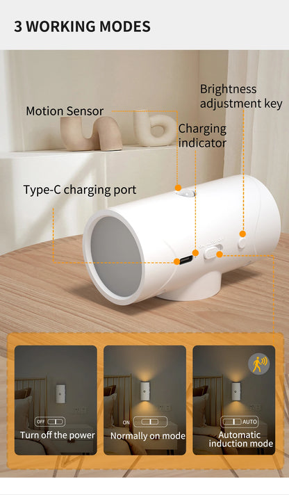Smart LED Night Light USB Charging Sensor Wall Light Warm Three-Stage Adjustment Suitable for Wardrobe Bedroom Bathroom Stairs