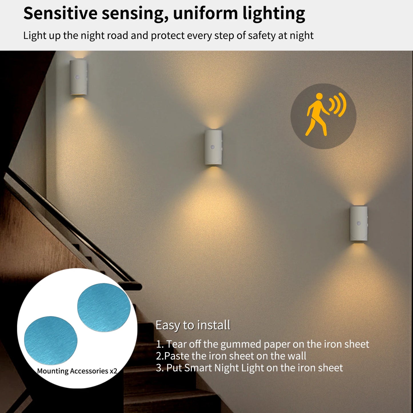 Smart LED Night Light USB Charging Sensor Wall Light Warm Three-Stage Adjustment Suitable for Wardrobe Bedroom Bathroom Stairs