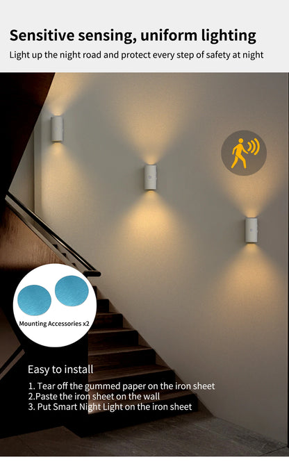 Smart LED Night Light USB Charging Sensor Wall Light Warm Three-Stage Adjustment Suitable for Wardrobe Bedroom Bathroom Stairs