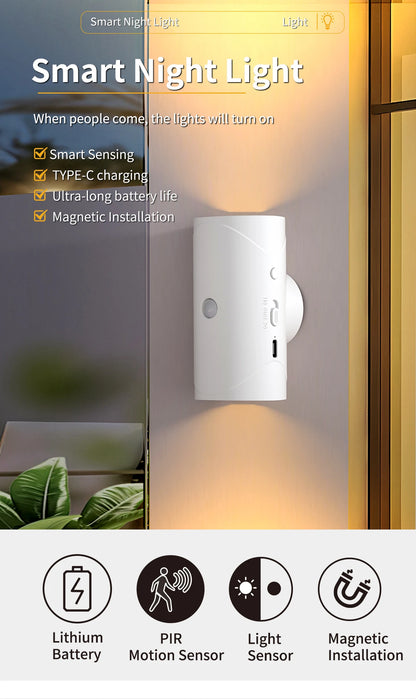 Smart LED Night Light USB Charging Sensor Wall Light Warm Three-Stage Adjustment Suitable for Wardrobe Bedroom Bathroom Stairs